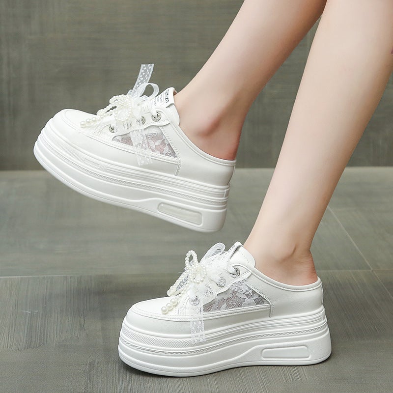 2025 Fashion Height-Increasing Closed-Toe Mules For Outdoor Wear, Lazy Thick-Soled Platform Delicate Mules, White Shoes - Image 3